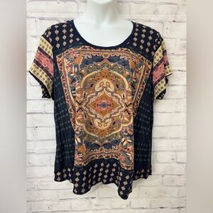 Lucky Brand 3X‎ Persian Carpet Tee T Shirt Blue Scoop Neck Boho Romantic Chic